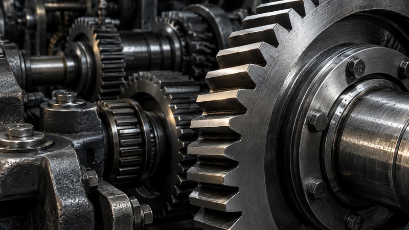 Imagem ilustrativa de engrenagens e mecanismos industriais em detalhe.